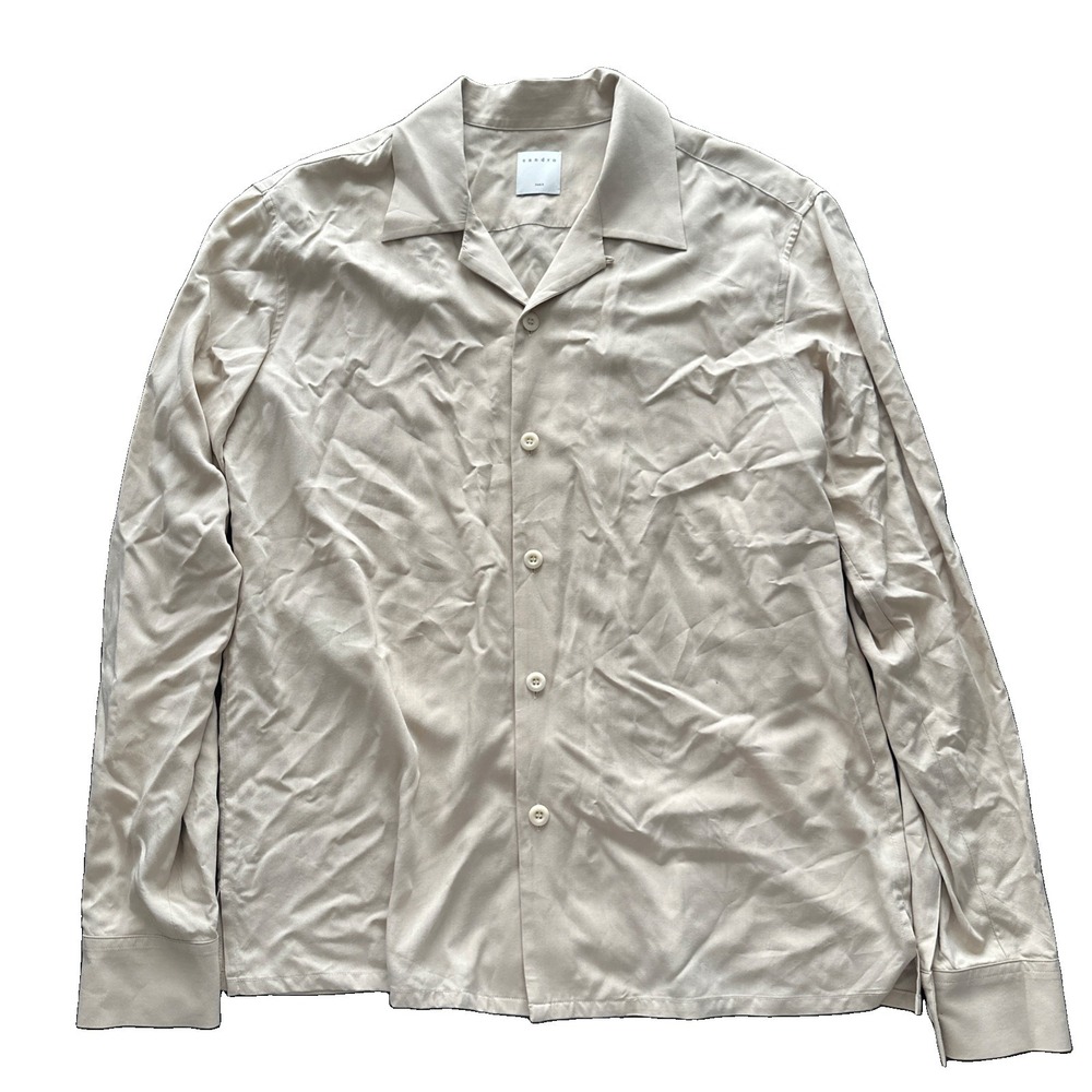 Sandro Paris Long Sleeve Beige Button Shirt camp collar Mens Size Medium France